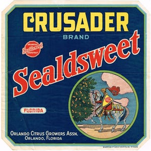 Original vintage Florida citrus crate label c1920s 9x9&quot; Super Rare Sealdsweet Crusader Brand Orlando Citrus Growers Association
