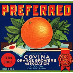 Original vintage orange citrus crate label 1930s Preferred Covina Advertising Seal of Approval