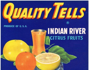 Original vintage Florida citrus crate label c1930s Quality Tells Indian River scarce