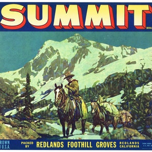Original vintage Summit citrus crate label 1930s Redlands California Cowboy & Horses