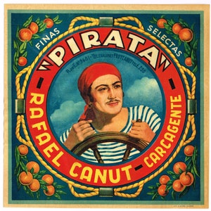 Original vintage Spanish citrus crate label 1930s Spain The Pirate Pirata Carcagente Nautical Pilot Skipper Rare 9X9&quot;