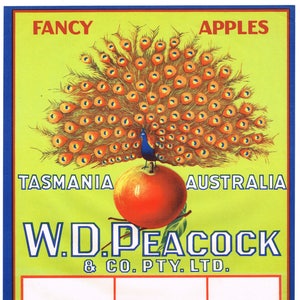 Original vintage apple crate label 1950s Peacock Australia Tasmania Scarce