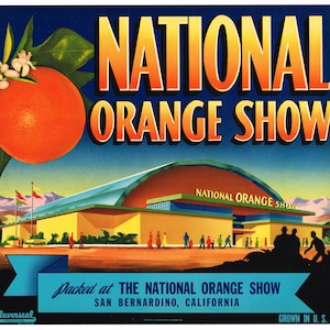 Original Vintage Zitrus Kisten Etikett 1953 National Orange Show San Bernardino County California Modernism Streamline selten