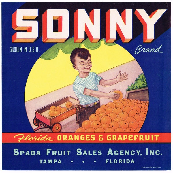 Original vintage Florida citrus crate label c1930 Rare Sonny Brand Spada Fruit Tampa Red Wagon Fruit Stand Excellent