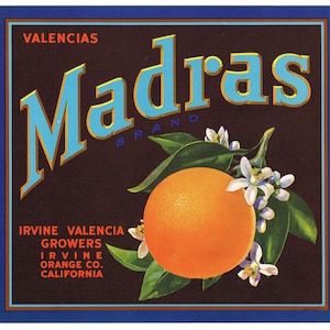 Etiqueta original de caja de cítricos de época, década de 1940, Madras, California, Condado de Orange, Irvine