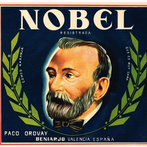 Original vintage Spanish citrus crate label c1950s Spain Rare Alfred Nobel Prize Physics Science Scientist Stockholm Sweden