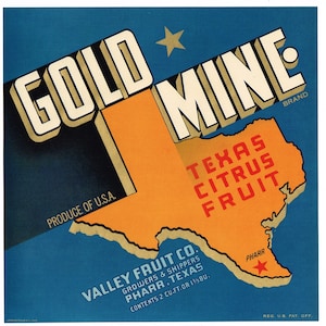 Original vintage Texas citrus crate label 1940s Gold Mine Map of Texas Pharr