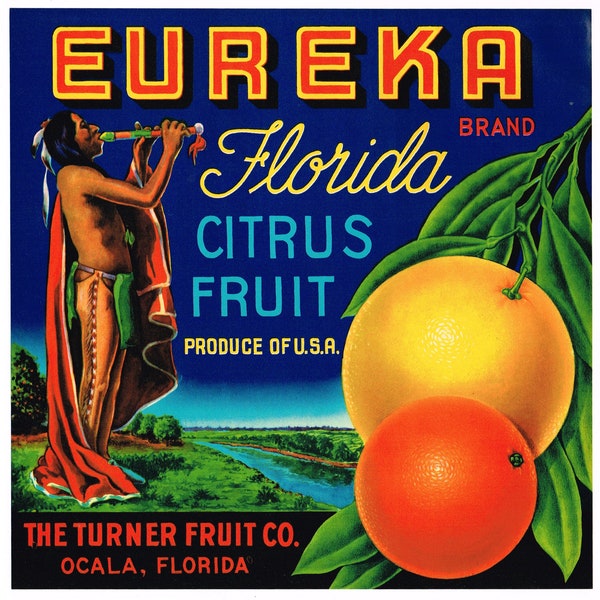 Original vintage Florida citrus crate label c1930s Eureka American Indian Peace Pipe Ocala