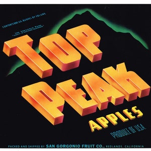 Original vintage apple crate label c1940s Top Peak Redlands California Mt San Gorgonio Peak Scarce Minimalism Typography