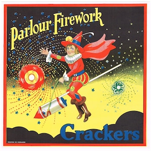 Etiqueta publicitaria original de Firecracker, payaso inglés vintage de Batger de los años 30, bruja de Halloween montando cohete.