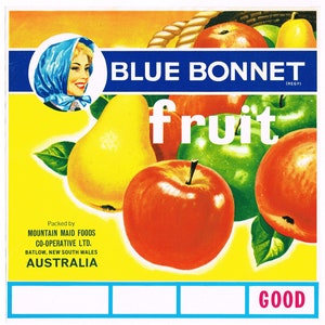 Original vintage apple crate label c1960 Rare Blue Bonnet Australia Batlow New South Wales Graphic Arts