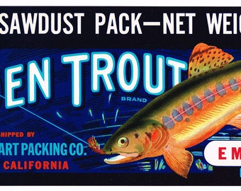 Original vintage grape crate label 1940s Golden Trout fish fishing lure Exeter California