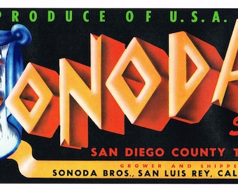 Original vintage vegetable Tomatoes crate label 1960s San Diego County Sonoda San Luis Rey Scarce