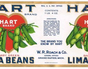 May include: A vintage label for Hart Brand Baby Green Lima Beans. The label features a red heart with the brand name and a cluster of green lima beans hanging from a vine. The label also includes the text "The Brand You Know By Hart" and "W.R. Roach & Co. General Offices Grand Rapids, Mich."