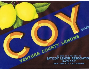 Original Lemon Crate label Ventura County California 1930s vintage Coy Brand Typography Scarce Saticoy