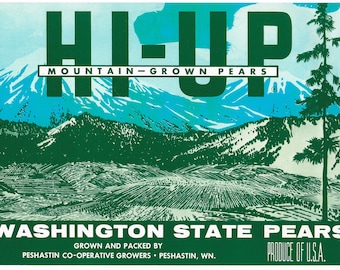 Original vintage pear crate label 1950s Hi Up Brand Washington State Mountains Peshastin