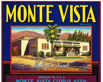 Monte Vista Orange Crate label Riverside County California Original 1940s vintage Packing House