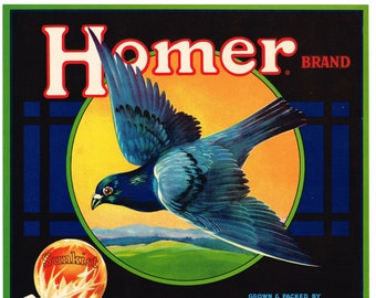 Homer Orange Crate label Riverside County California Corona Homing Pigeon Original 1940s vintage