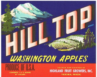 Original vintage apple crate label 1950s Hill Top Yakima Washington Mountain & Valley