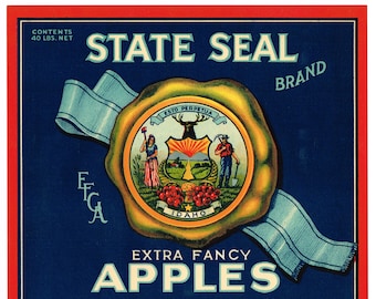Original vintage apple crate label 1930s State Seal Blue Emmett Idaho Original Gold Miner