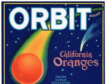 Oryginalna etykieta na pomarańczową skrzynkę z cytrusami z lat 30. XX wieku Orbit Comet Meteor Typografia Exeter Tulare County Kalifornia Astronomia