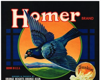 All Black Version Homer Orange Crate label Riverside County California Corona Homing Pigeon Original 1940s vintage