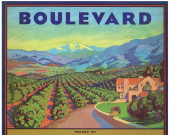 Original vintage Zitrus Orange Kisten Etikett 1930er JahreBoulevard Claremont Orchard Scene California