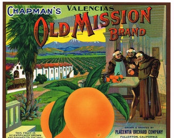 Original vintage citrus crate label 1930s Scarce Old Mission Placentia Fullerton California Classic Charles Chapman