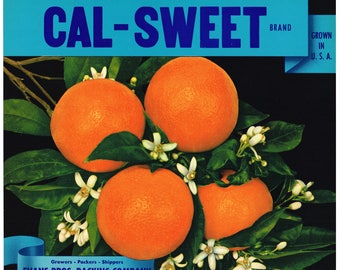 Original vintage citrus crate label 1950s Cal Sweet Riverside Fullerton Tulare Evans Brothers California