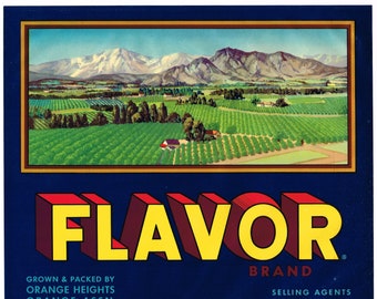 Original Orange Crate label Riverside County California Corona Scarce Flavor 1940s vintage landscape orchard mountains