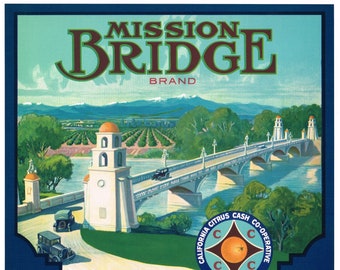 Mission Bridge Orange Crate label Riverside County California Original 1930s vintage rare Rubidoux Bridge