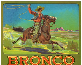 Original vintage Bronco citrus crate label 1930s Redlands California Cowboy & Horse