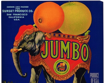 Original vintage citrus crate label 1940s Jumbo Circus Elephant San Francisco California scarce