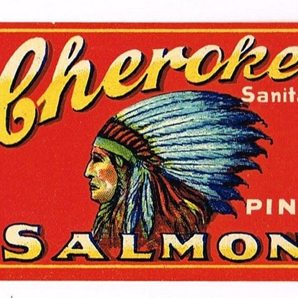 Original vintage Tin Can label 1930s Cherokee Salmon Seattle Washington Native American Indian San Juan Fishing & Packing Company