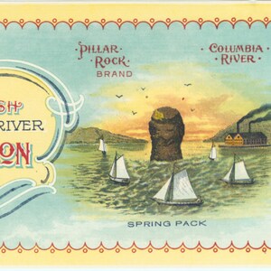 Original vintage Tin Can label c1915 Pillar Rock Salmon Columbia River Portland Oregon Wahkiakum County Washington