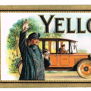 Original vintage cigar box label 1920 Chromolithograph embossed bronzed Yellow Cab Taxi Automobile Car Police Graphic Design