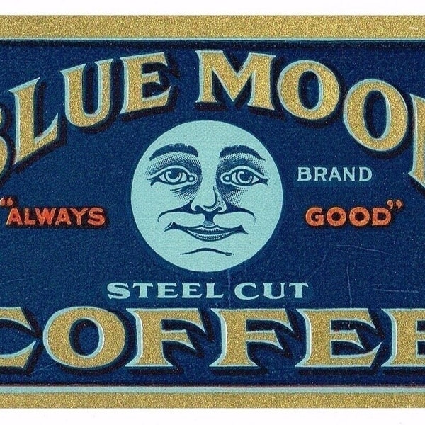 Etichetta originale vintage Tin Can 1920s Blue Moon Brand Coffee St. Louis Missouri General Store