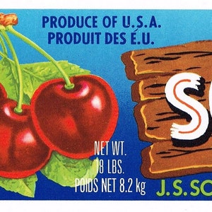 Original vintage cherry crate label 1970s Solari Ranch Typography San Joaquin Valley Stockton California