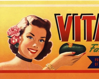 Original vintage avocado crate label 1940s Vitacado Fallbrook La Habra San Diego California Pin Up