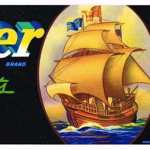 Original Vintage Traubenkiste Label 1950er Jahre Mayflower Segelschiff nautische Pilger Plymouth