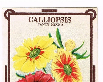 Original vintage lithographed scarcer seed packet pack NOS 1915 General Store Dalton New York State Calliopsis Fancy Floral Garden Burts