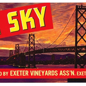 Original vintage grape crate label 1950s San Francisco Oakland California Bay Bridge Setting Sun Western Sky