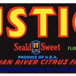 Original vintage Florida citrus crate label c1940s strip Justice Legal Law Lawyer scarce 3x8.5&quot;