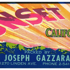 Original Vintage Traubenkiste Label 1940er Jahre Sonnenuntergang Fresno California Sonnenstrahlen Zinfandel Winzer Wein Trauben Gazzara