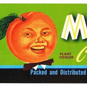 Original vintage fruit crate label 1950s anthropomorphic Mr. Apricot Comical Cutler California