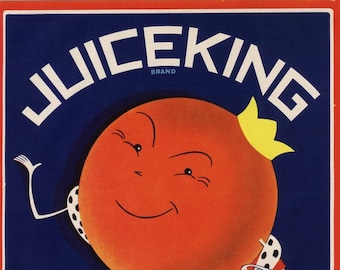 May include: A vintage label for Juice King brand orange juice. The label features a cartoon orange with a crown and a smiling face. The text "Juice King" is in a white, bold font with the word "Brand" in smaller font below it. The text "Packed by W.H. McBride, Inc. Seville, Florida" is at the bottom of the label.