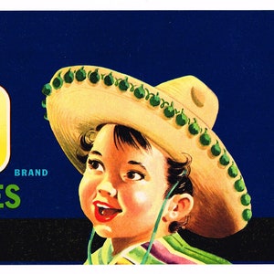 Original vintage Traubenkiste Etikett 50er Jahre Nino Child Brothers Long Beach California Mexican Boy Blue