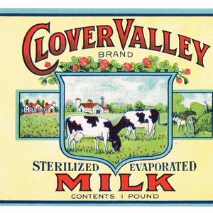 Original vintage Tin Can label 1920s Clover Valley Evaporated Milk Eagle Grocery Co. Cute Cow General Store Pittsburgh Pennsylvania