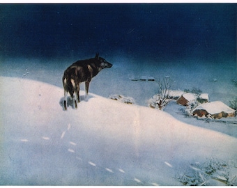 Original vintage print 1930s Victor Kowalski Lithographed The Lone Wolf Winter Landscape 9x7"