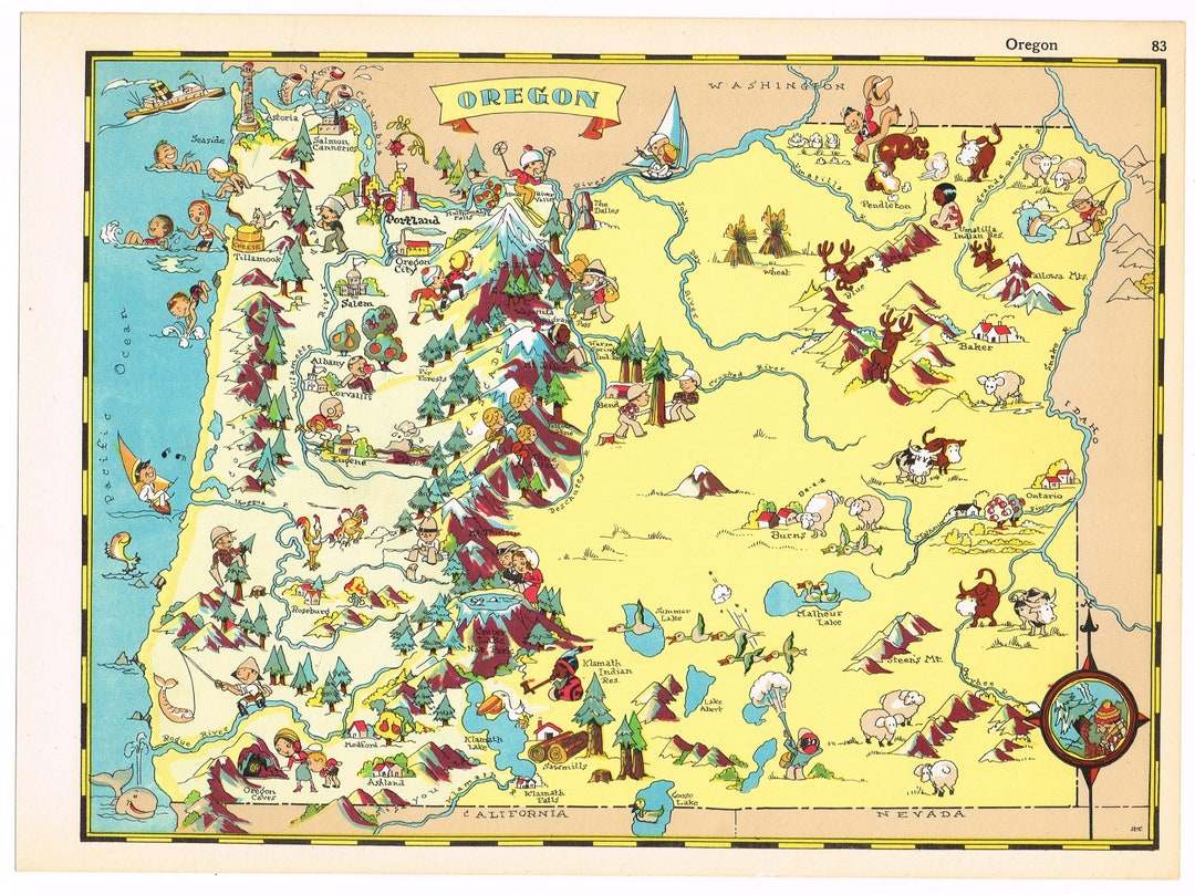 Original Scarce Vintage Ruth Taylor Map Cartoon Pictorial 1935 Oregon ...